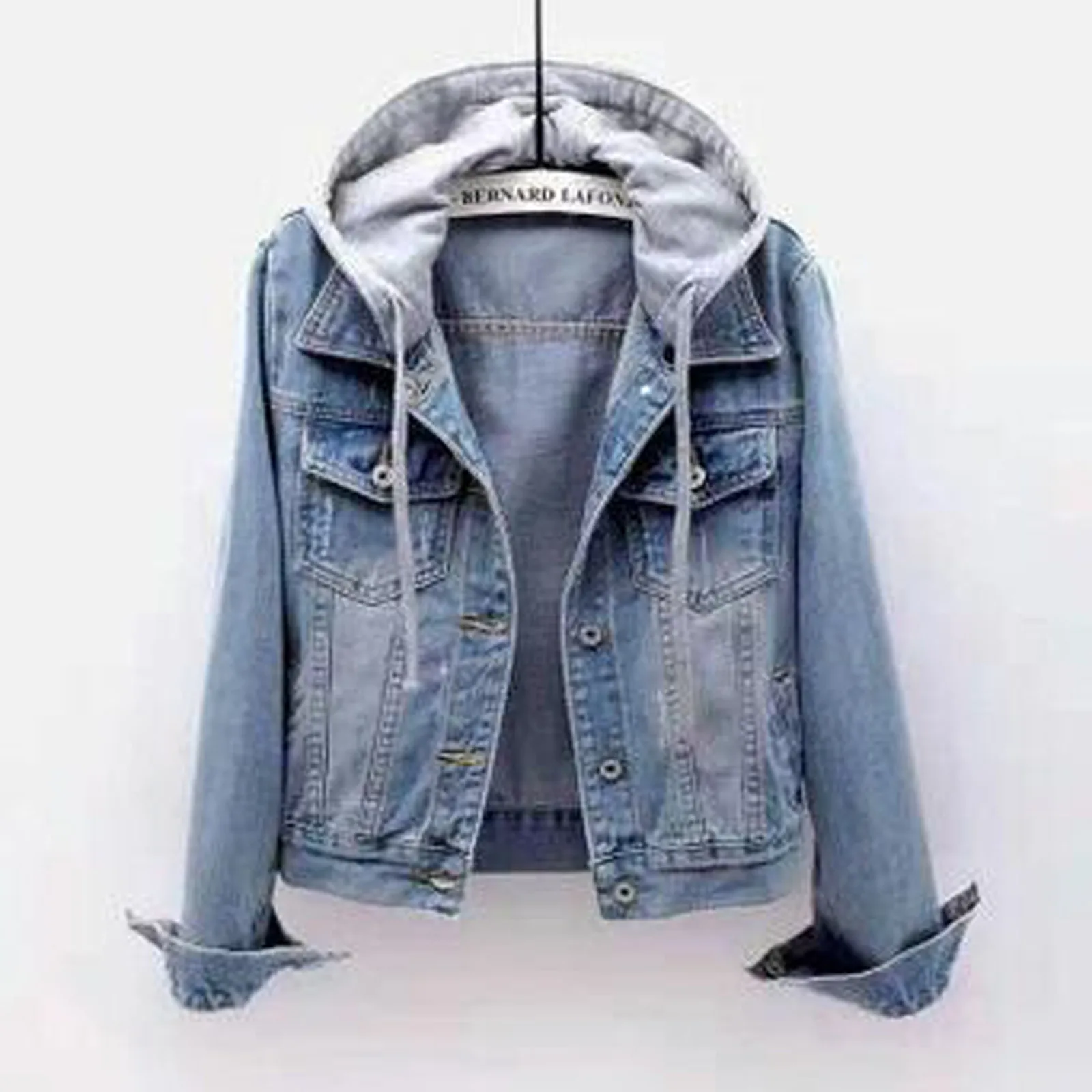 

Blue Hooded Turn-down Collar Denim Jacket Coat Women Loose Button Patchwork Outwear Large Size Jean Coat Female