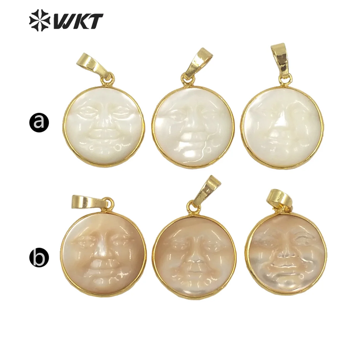 WT-JP243 Wholesale Natural Shell Carved Face Charming Pendant With Gold Edged Women Jewelry Handmade Accessories High Quality