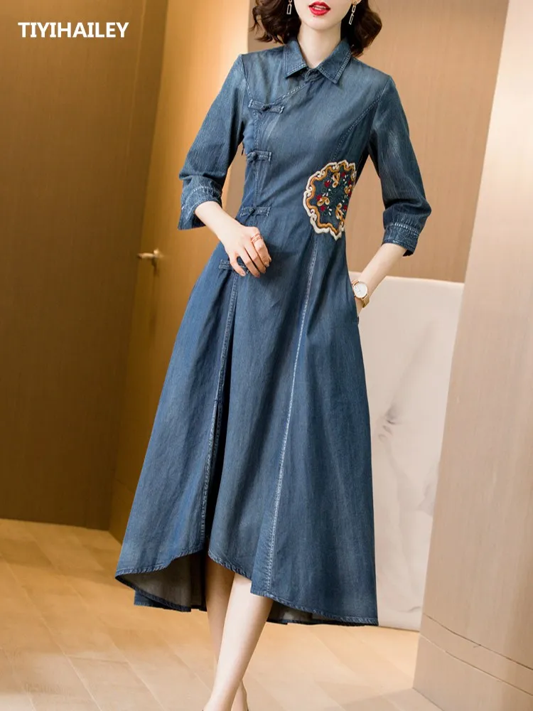 

TIYIHAILEY Free Shipping 2023 New Three Quarter Sleeve Long Mid-calf Denim Women Vintage Embroidery Dress S-XL Chinese Style