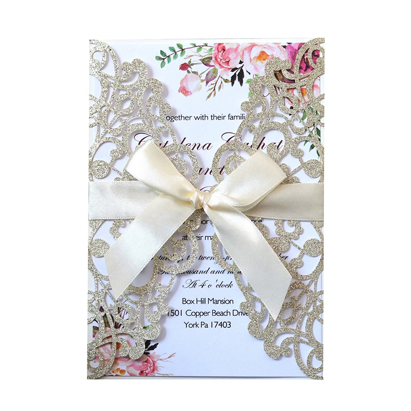 50pcs Laser Cut Wedding Invitation Card Glitter Paper Greeting Cards With Ribbon Customized Party Wedding Decoration