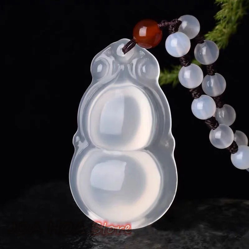 

High Ice Brazilian White Chalcedony Double-sided Gourd Sweater Chain Pendant Agate Fulu Jade Beads-chain