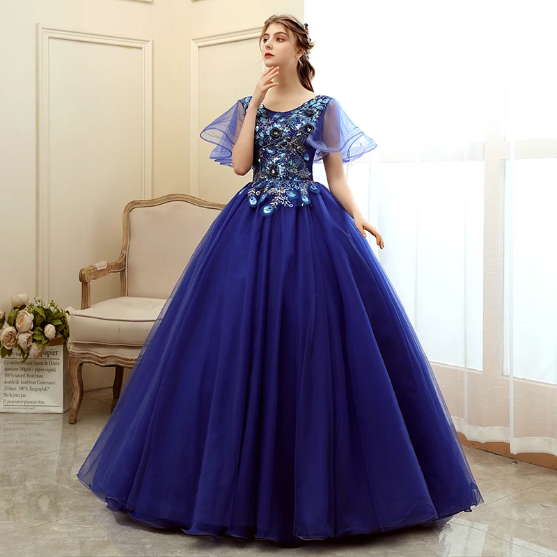 2020 ใหม่สีฟ้า Quinceanera Elegant PARTY PROM O-Neck แขนสั้น Ball Gown ดอกไม้พิมพ์ Quinceanera Vestidos Dresses