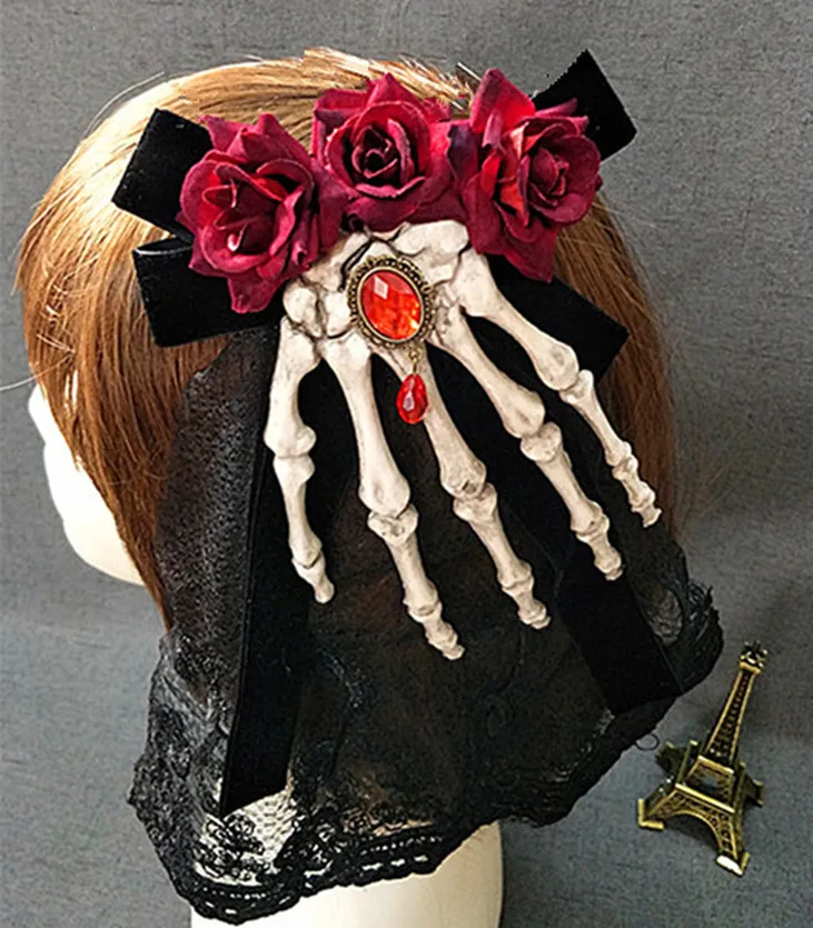 Handmade Hair Band Witch Skull Rose Headband Gothic Headwear Girl Prop Halloween Decoration Cosplay Party