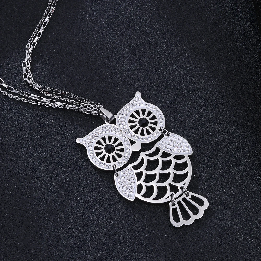 Stainless Steel Owl Long Necklace Crystal Eyes Hollow Big Pendant Necklaces for Women Animal Jewelry Accessories 2020 New