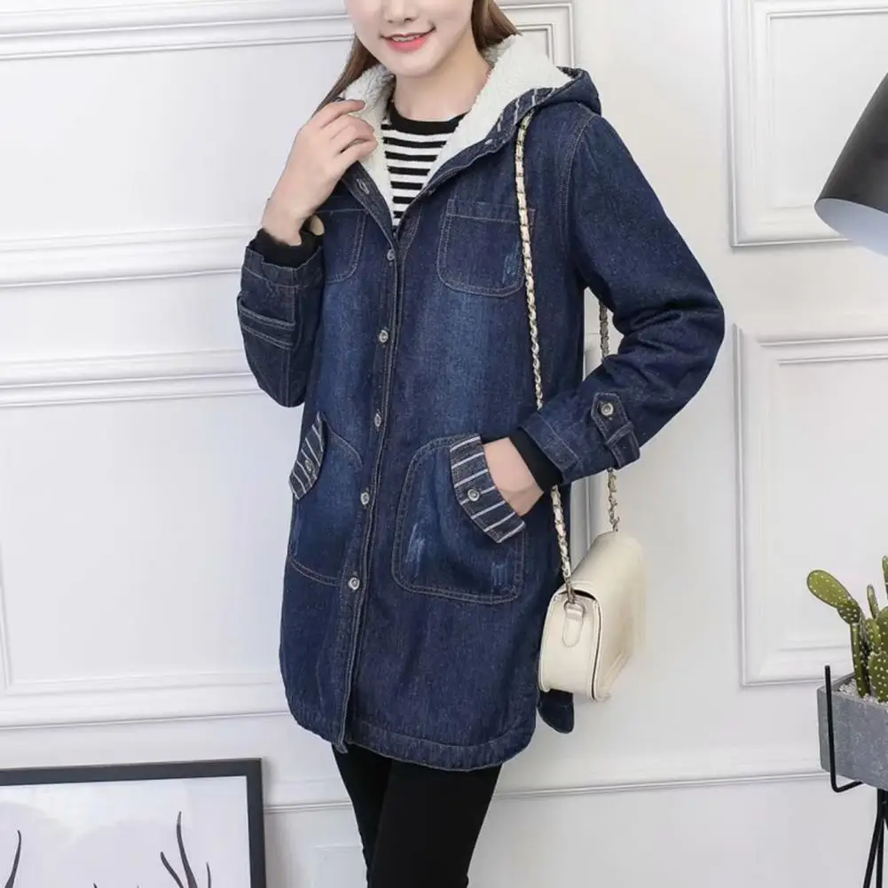 Attractive Denim Coat Skin-friendly Solid Long Sleeve Fleece Women Hooded Jacket for Winter