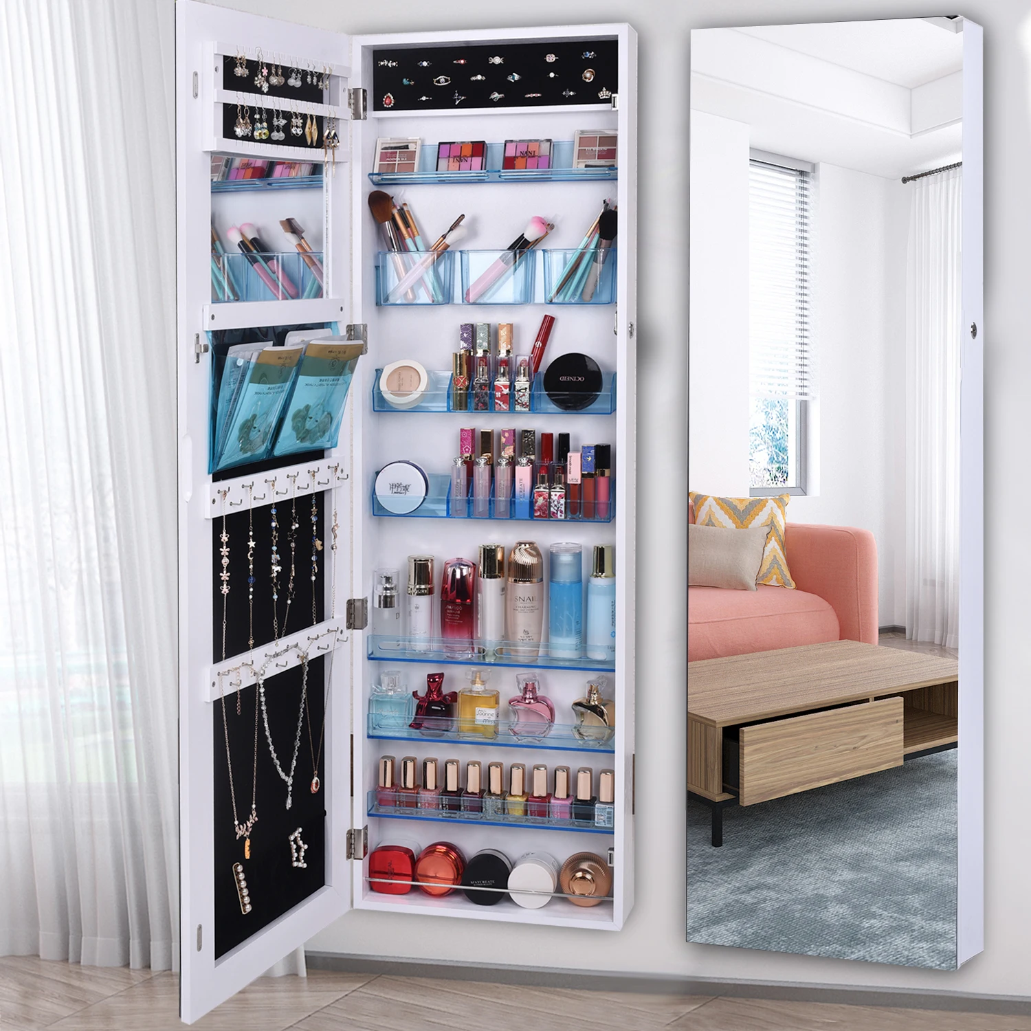 Full Mirror Makeup Mirror 8-layer Acrylic Storage Cabinet Solid Wood Covered Jewelry Mirror Cabinet White US Warehouse