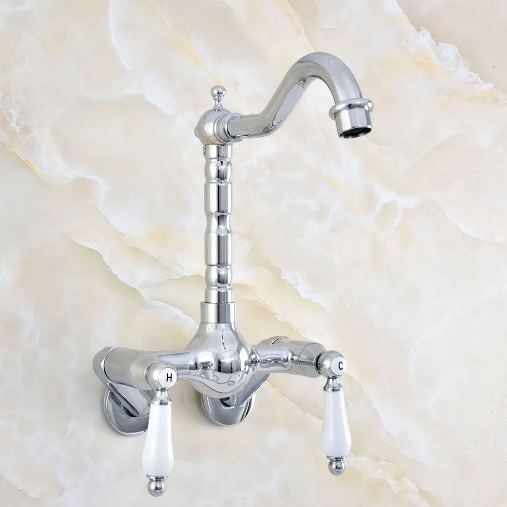 Prata Latão Cromado Fixado Na Parede Dupla Alças Banheiro Kitchen Sink Faucet Tap Mixer Bica Giratória-Ajusta A Partir De 3- 3/8 "aqg205