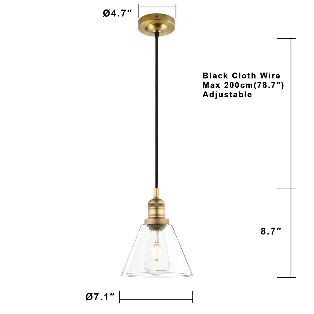 PERMO Industrial Vintage Pendant Light with Funnel Flared Glass Clear Glass Shade 1-Light Ceiling Fixture