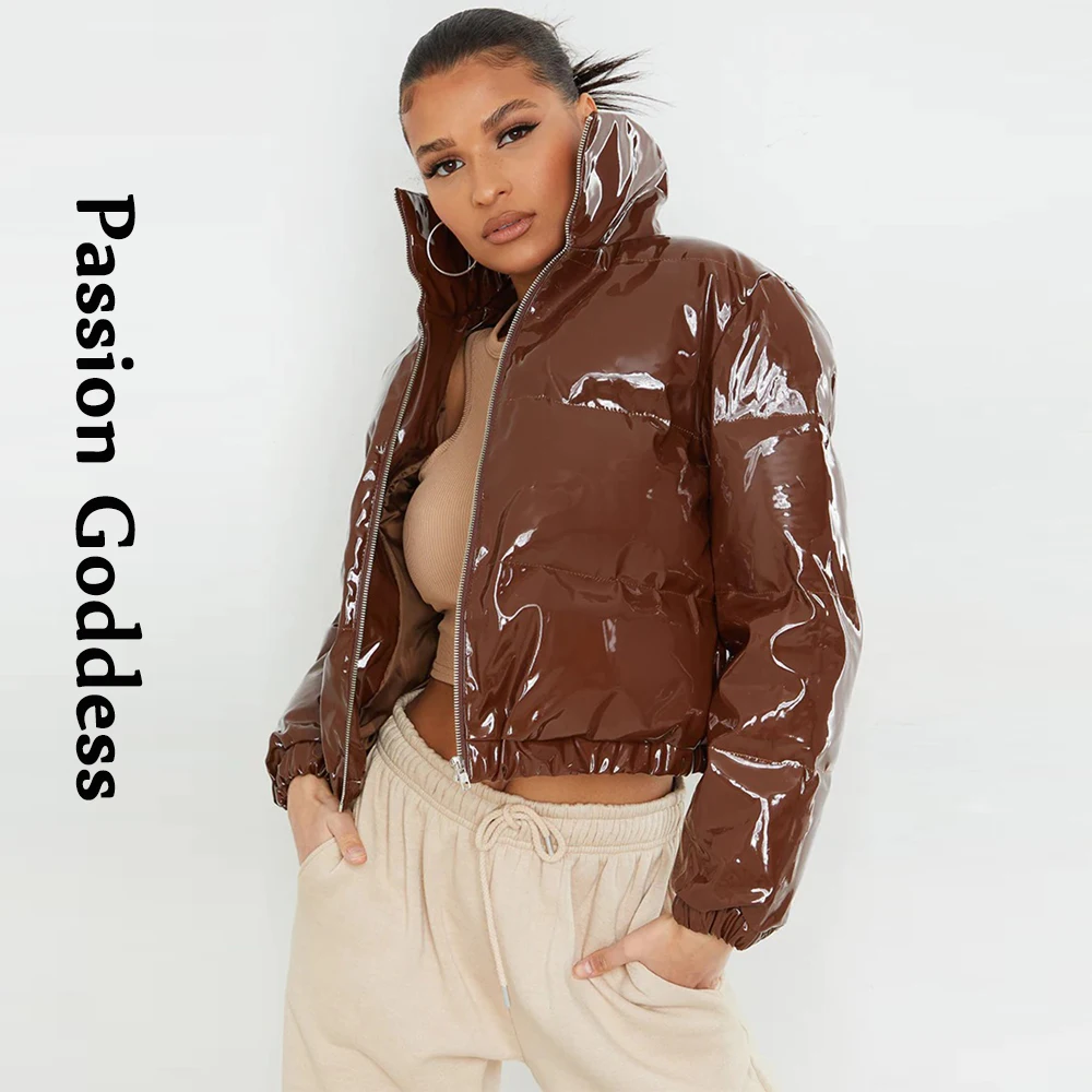 Winter Women Cute Shiny PU Leather Puffer Jacket Warm Thick Bubble Coats Bright Leather Parkas Down Red PU Zipper Cropped Puffer