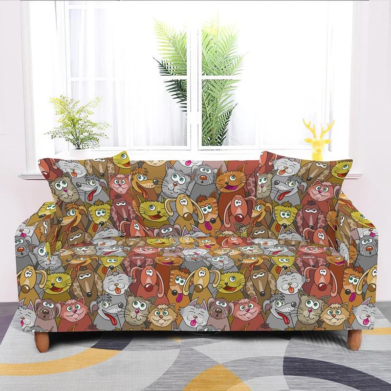 Elastic 1/2/3/4 Seater Sofa Covers Cartoon Dogs Printing Anti-dirty Couch Cover For Living Room Hotel All-cover Slipcovers