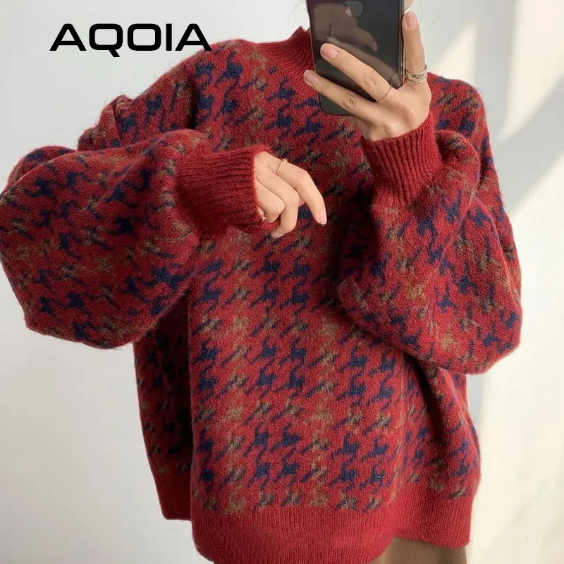 2022 Winter Streetwear Houndstooth Thick Women\'s Sweater Loose Knit Woman Sweaters Autumn Fashion Warm Plus Size Female Pullover