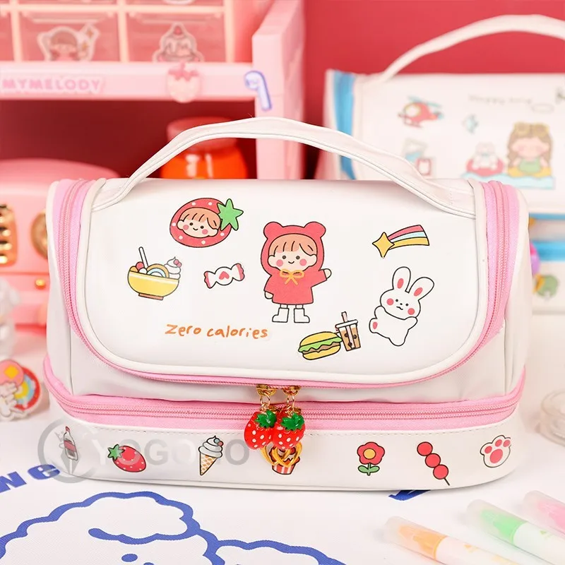 Double-Layer Pencil Case Large Capacity Strawberry Portable Strawberry Love PU Pencil Bag Kawaii Stationery School Supplies