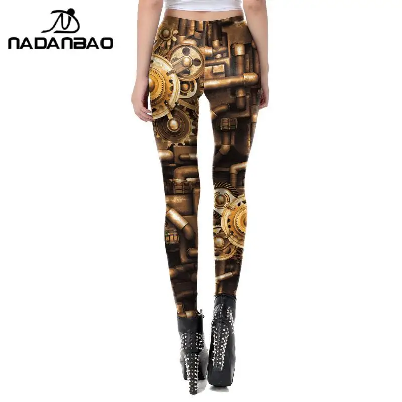 NADANBAO Gold Metal Gear Punk Leggings Women Fashion Steampunk Machinery Printing Tights High Waist Push-Up Workout Pants S-XL