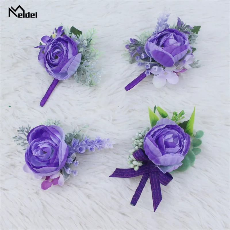 เจ้าบ่าวแต่งงาน Boutonniere Corsage ข้อมือเข็มกลัดดอกไม้สีม่วงสีขาว Rose Lapel Pin Buttonhole ผู้เข้าพักแต่งงานอุปกรณ์เสริม