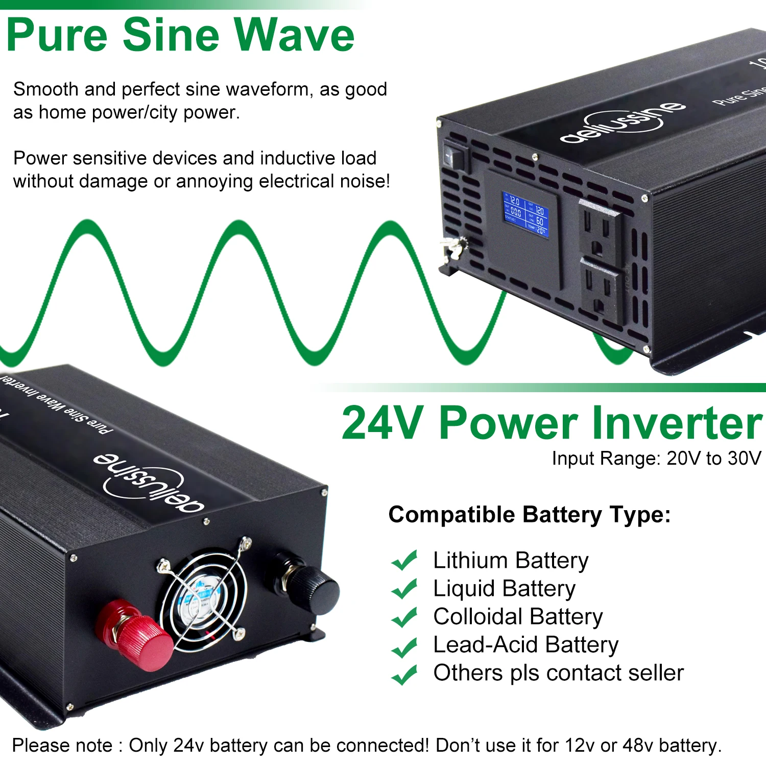 1000W Solar Power Inverter 24V to 220V Pure Sine Wave Inverter 12V/36V/48V DC to 120V/230V/240V AC Solar Panel Battery Converter