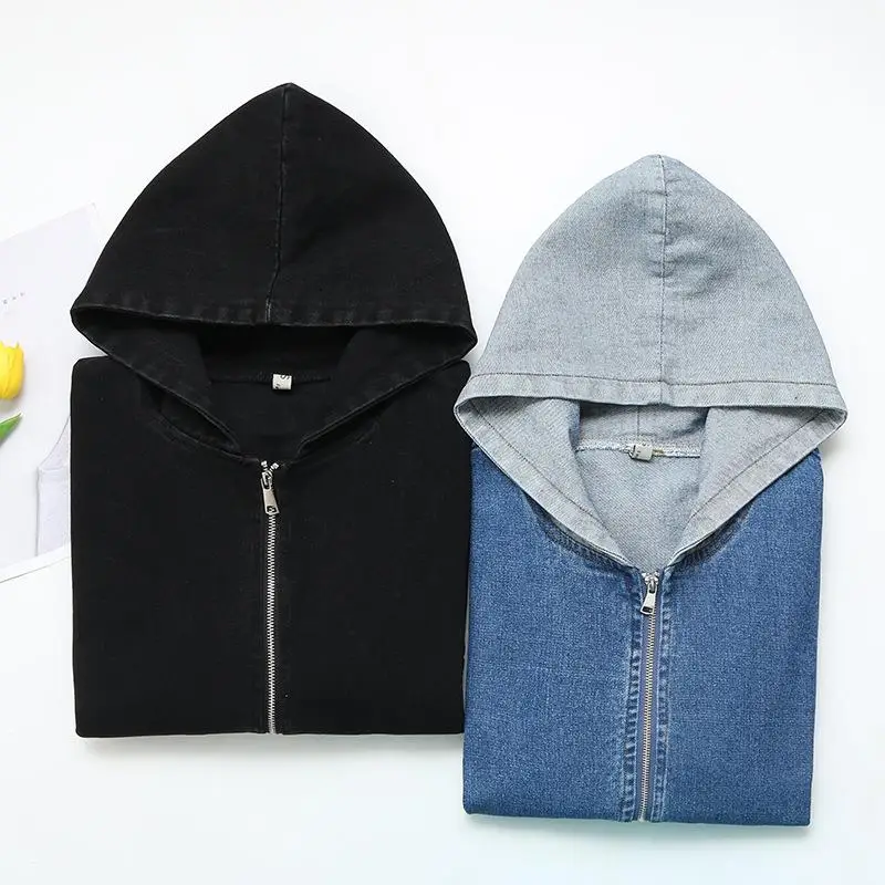 Women Clothing Coats Plus Size Autumn New Loose Casual Hooded Denim Jacket Female 873