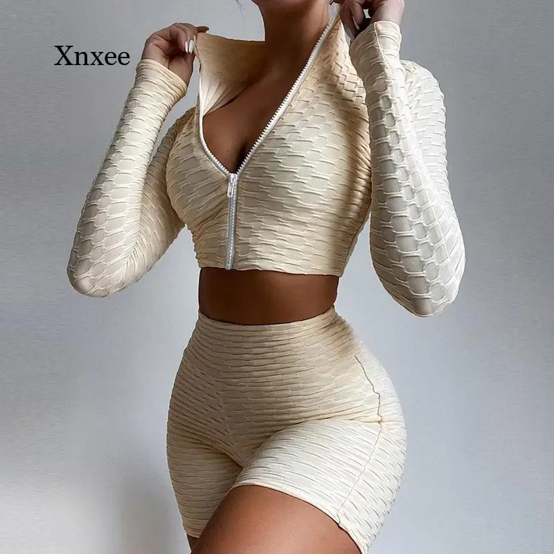 

Women Tracksuit Crop Tops Female Sports Suit Solid Running Sets Zipper Stand Collar Long Sleeve High Waist Shorts Outfits