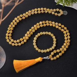 8mm Natural Citrine Beaded Knotted Mala Necklace Meditation Yoga Blessing Healing Jewelry Bracelet Set 108 Rosary Tassel Pendant