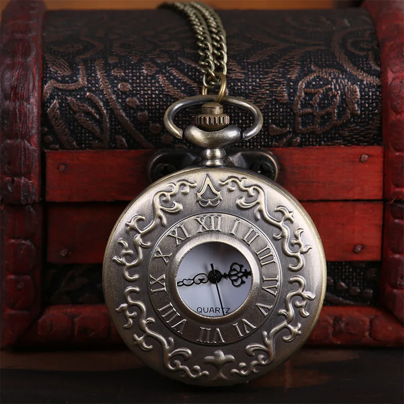 

Trendy white digital face classical embossed pattern Roman hollow open cover pocket watch with chain men's and women's accessori