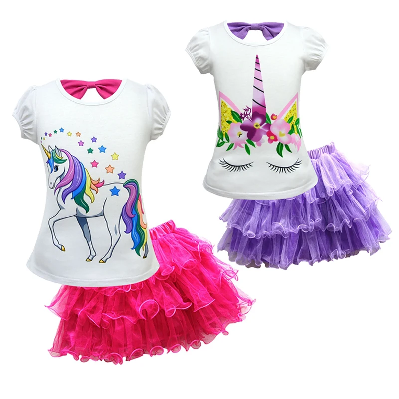 3 4 5 6 7 8 9 10 Years Girls Clothing Sets Summer Unicorn Cotton T-shirt And Princess Mesh Skirt 2Pcs Children Suit Kids Clothes