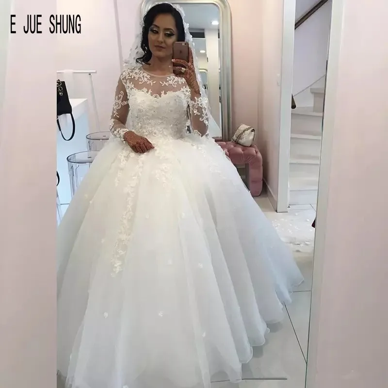 E JUE SHUNG-vestido de encaje para novia, ropa de boda con cuello redondo, mangas largas, apliques, elegante, con encaje en la espalda