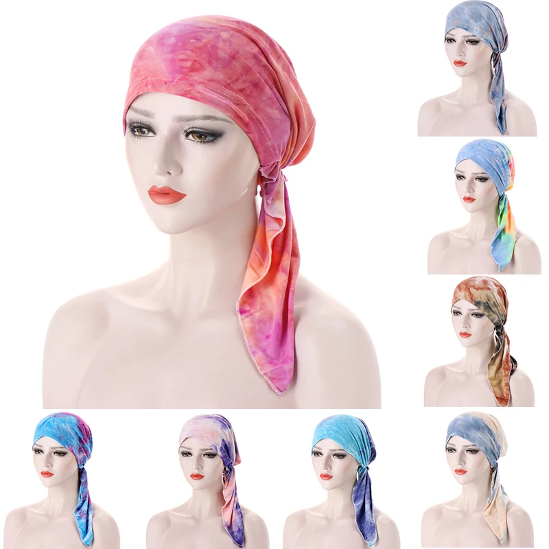 

Tie dye Muslim Women Hijabs Hats Long Tail Head Scarf Hair Loss Chemo Cancer Cap Head Wrap Wide Band Strech Durags Bandanas