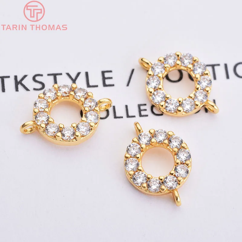 (1851)4PCS 24K 골드 컬러 도금 황동 지 르 콘 라운드 원형 2 구멍 커넥터 매력 펜 던 트 쥬얼리 액세서리