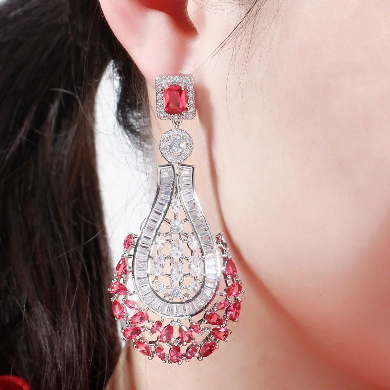 CWWZircons 70mm Luxury Statement Large Dangle Drop Rose Red CZ Earrings Vintage Wedding Bridal Party Costume Jewelry CZ664