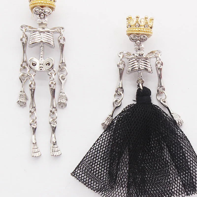 Earrings Gothic Dark Wedding Skeleton Black Gauze Skirt Crown King Queen Asymmetrical Earrings for Women Long Earrings  2023