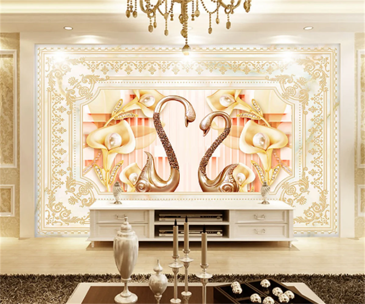 European classical lace golden lily tulip swan lake living room background wall painting custom 3d luxury  restaurant  wallpaper