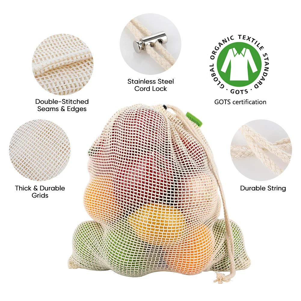 Vegetable Fruit Bag  storage Bag Reusable Produce Bags  Eco-Friendly  100% Organic Cotton Mesh Bags  Bio-degradable Kitchen