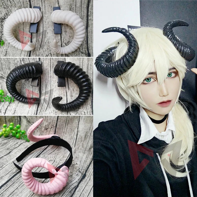 New Hand Made Work Demon Devil Sheep Cosplay Horns Magic Black White Headband Headwear Hairhoop Costume Accessories