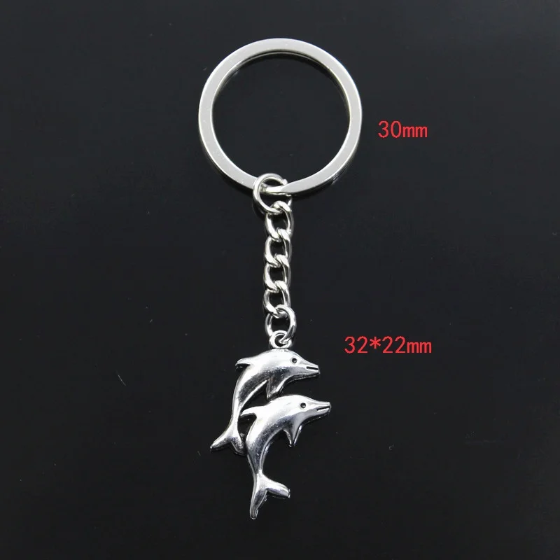 Hot Fashion Double Dolphin Show 32x22mm Pendant 30mm Key Ring Metal Chain Silver Color Men Car Gift Keychain Dropshipping