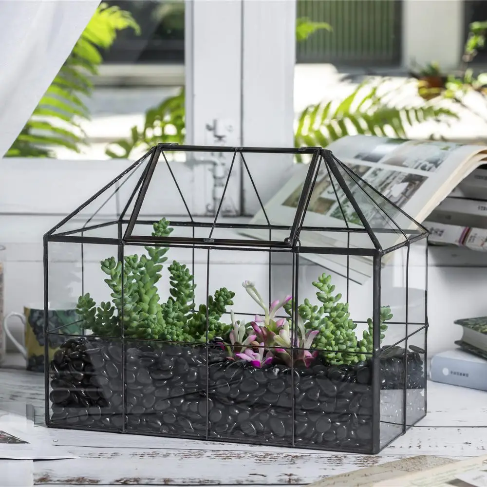 NCYP Modern Glass Geometric Terrarium Tabletop Vase Black Tin-Sealed Brass Black House Shape Container Glass Terrarium