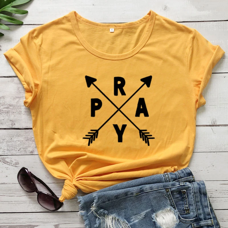 

Pray Arrow Print T-shirt Vintage Women Christian Church Religion Tshirt Casual Unisex Short Sleeve Graphic Jesus Faith Tees Tops