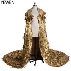 High Quality Dramatic Gold Feather Wedding Cape Floor Length Wedding Gown Jacket for Photo Shoot Pregnancy Shooting Dress YEWEN