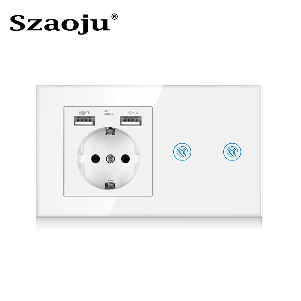 Szaoju Przełącznik czujnika dotykowego z gniazdem USB zasilania UE Panel ze szkła kryształowego Białe czarne złoto Gniazdo ścienne z włącznikiem światła 1/2/3Gang