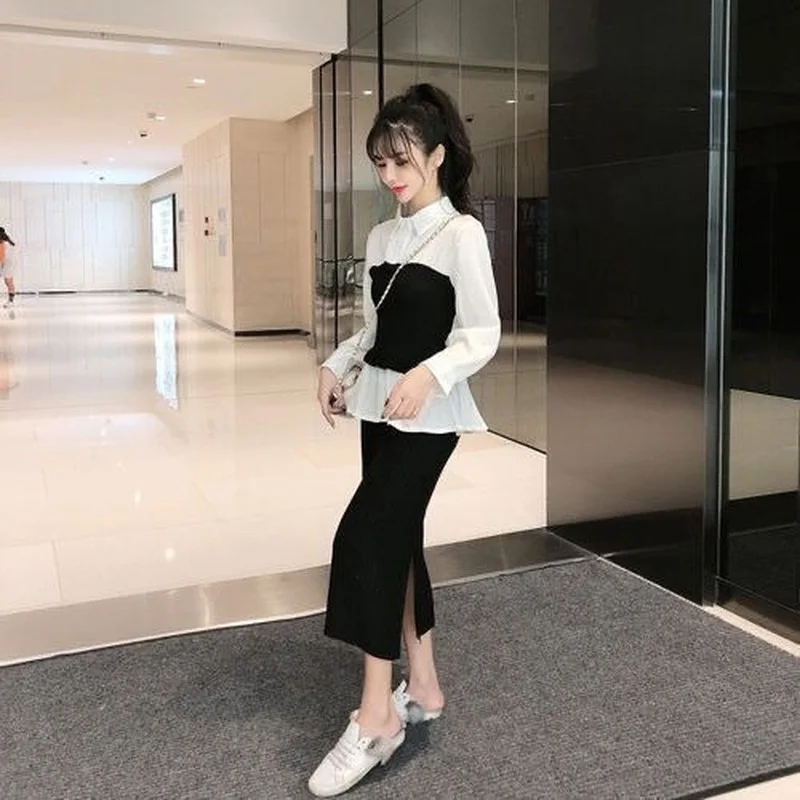 2023 Autumn And Winter New Korean Style Slim Fashion Stitching Knitted Cardigan Solid Color Sweater Skirt Two-piece Female