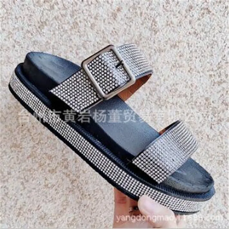 Women Summer Open Toe Comfy Sandals summer woman sandals Rhinestones PU Slip On 1-3CM Flat Toe Round Toe Shallow Comfy Soft