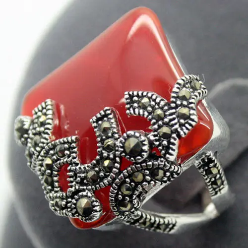 

wholesale good fashionable 22X20mm 925 Silver Natural Red Agates stone Marcasite Ring Size 7/8/9 10 silver Fine man's jewelry