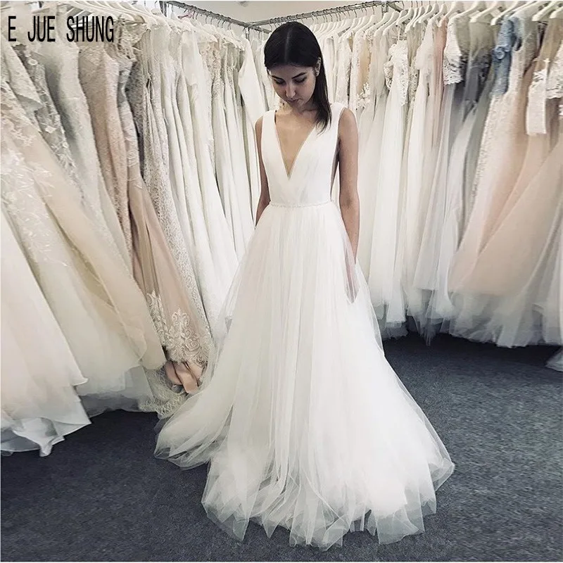 

E JUE SHUNG Modern White Tulle Wedding Dresses Deep V Neck Beading Sashes Boho Wedding Gowns A Line Backless Vestios De Novia