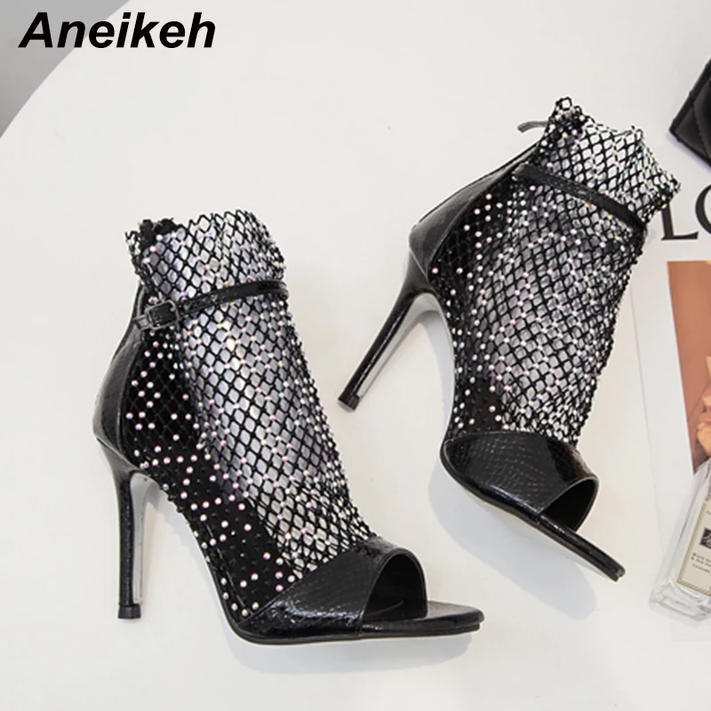 Aneikeh NEW Fashion DIAMANTE FISHNET HEELS Sandals Ankle Boots High Heels Women Autumn Sexy Chelsea Booties Peep Toe Party Pumps