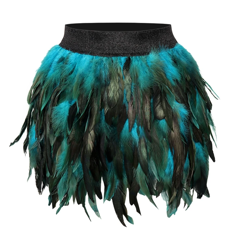 

Festive Rave Elastic Peacock Blue Feathers Short Skirt Harness Straps Stage Performance Dress Sexy Women Goth Bondage Suspenders