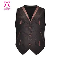 Brown Jacquard V Neck Sleeveless Steampunk Waistcoat Vintage Suit Vest Men Medieval Coat Victorian Jacket Gothic Clothing Men