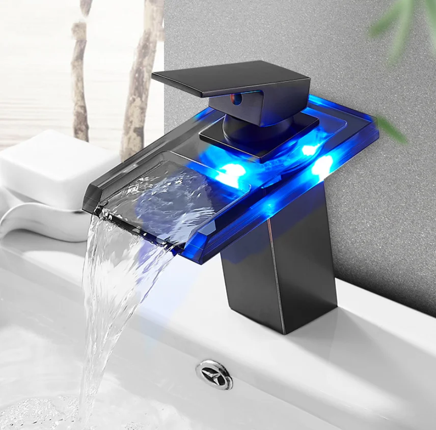 LED Basin Faucet Luminous Waterfall Temperature Colors Change  Brass  Bathroom Mixer Tap Deck Mounted Wash Sink Glass Black Taps