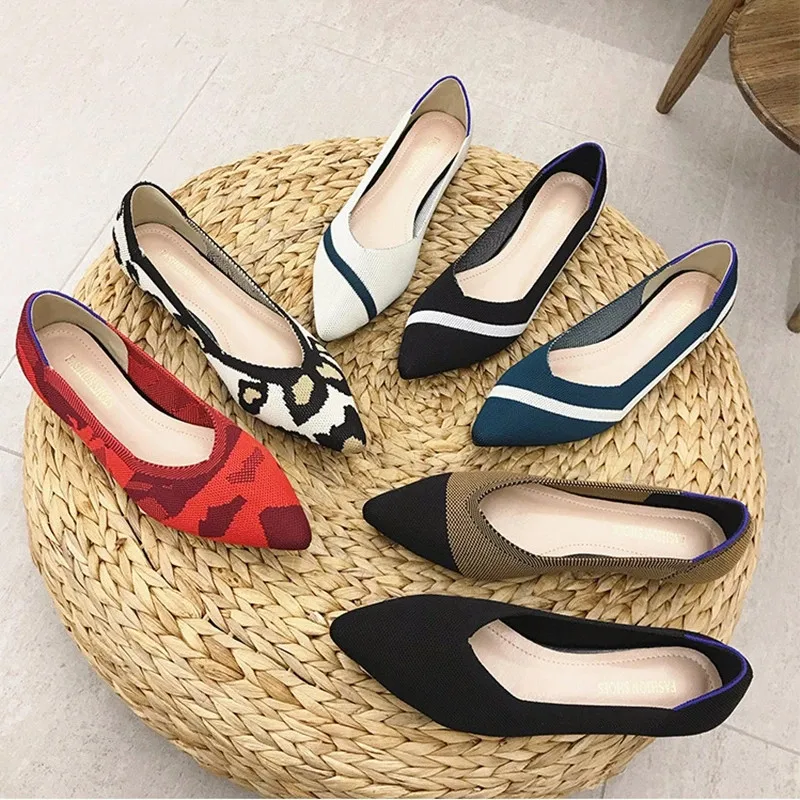 

Woman Knit Pointed Shoes Women's Flat Shoes Ballet Shoes Moccasin Mixed Color Shoes Soft Pregnant Shoes Zapatos De Mujer 35-43