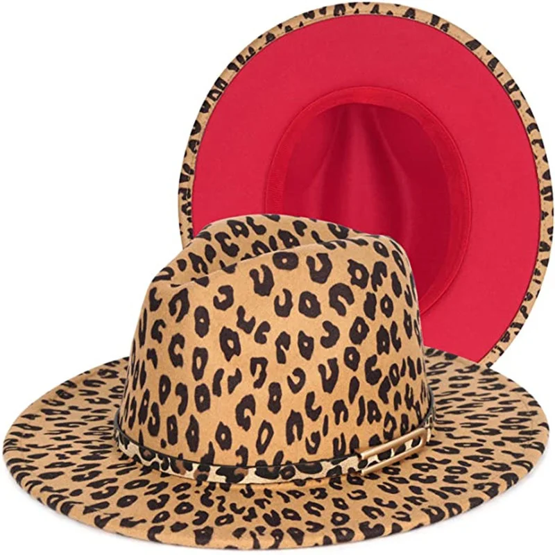 Two Tone Fedora Hat Mens & Womens Wide Brim Felt Leopard Belt Buckle Panama Jazz Hat Dress