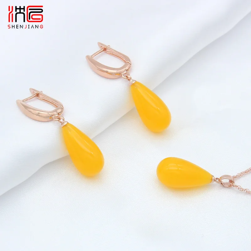 SHENJIANG New Fashion 585 Rose Gold Color Water Drop Imitation Beeswax Dangle Earrings Jewelry Sets For Women Pendant Necklace
