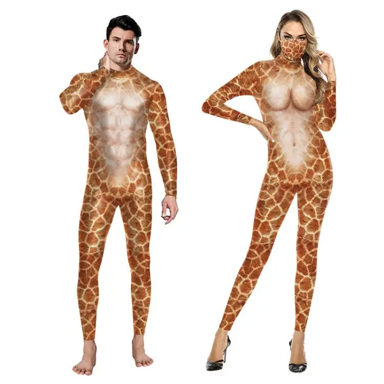 Giraffa stampato Cosplay body elastico Costume Sexy per donna uomo Halloween coppie tute esercizio Fitness Outfit Unisex