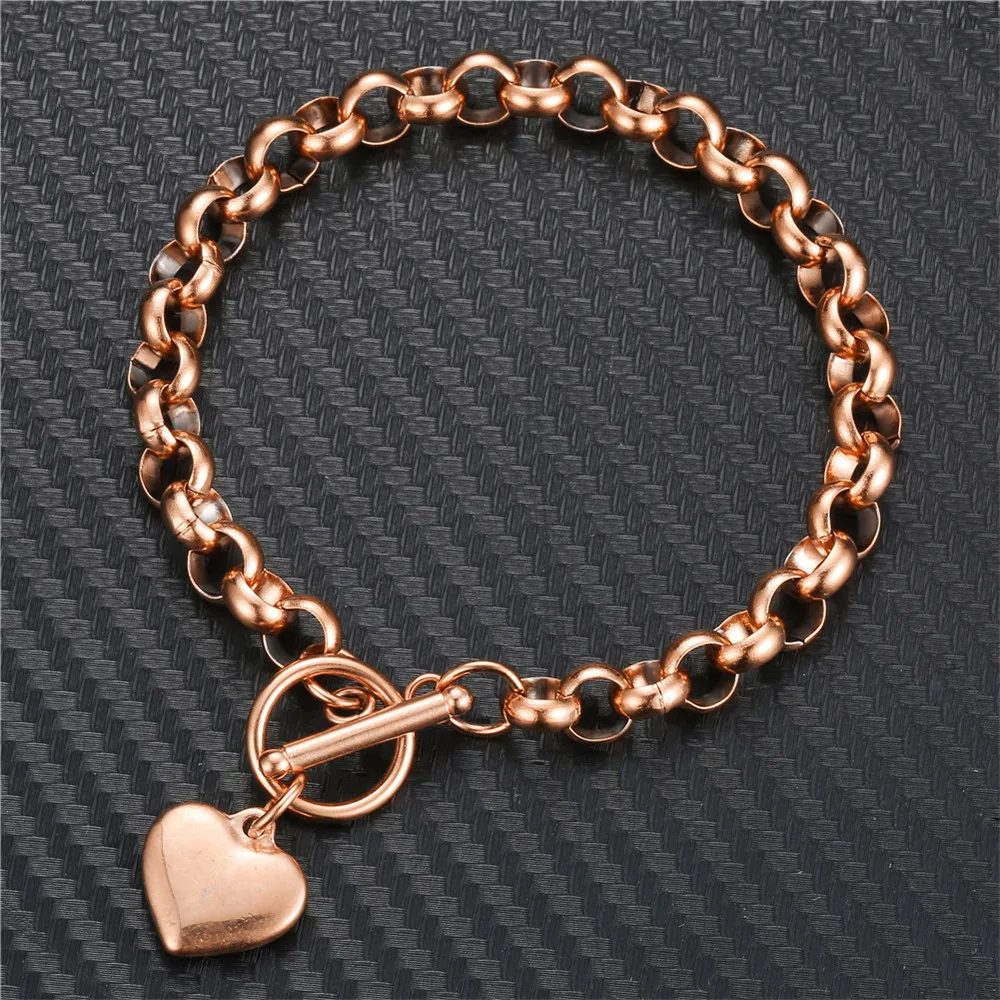 Vintage Stainless Steel Keel Chain Puff Heart Charms Bracelet For Woman Toggle Bracelets Jewelry